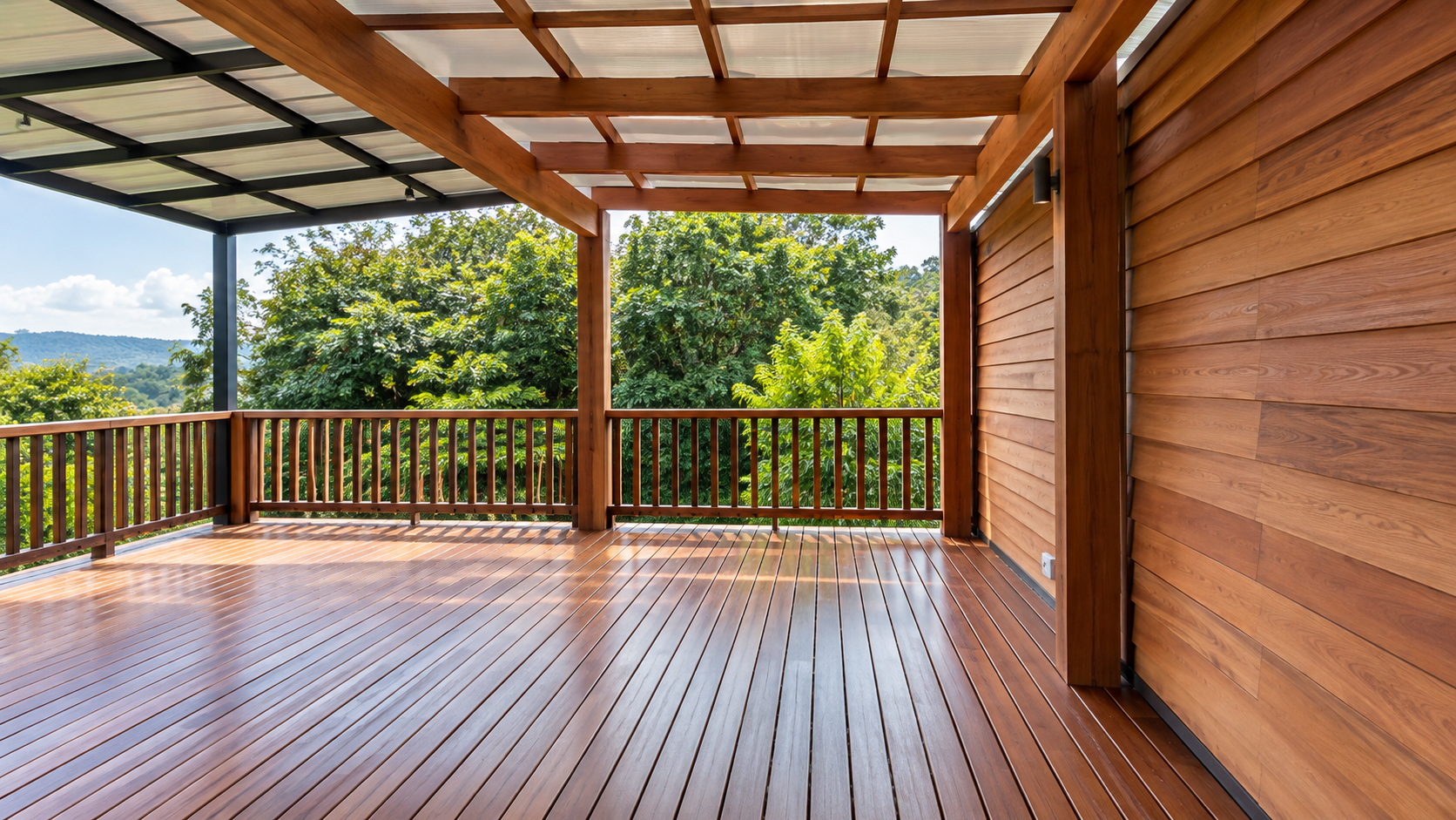 Terraza exterior con deck de madera natural, acabados de alta calidad y estructura de madera en Costa Rica.