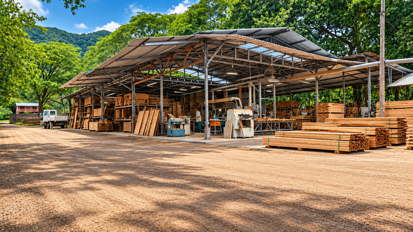 Depósito de maderas JLK Wood en Guanacaste, con galpón de almacenamiento, maquinaria y madera organizada.