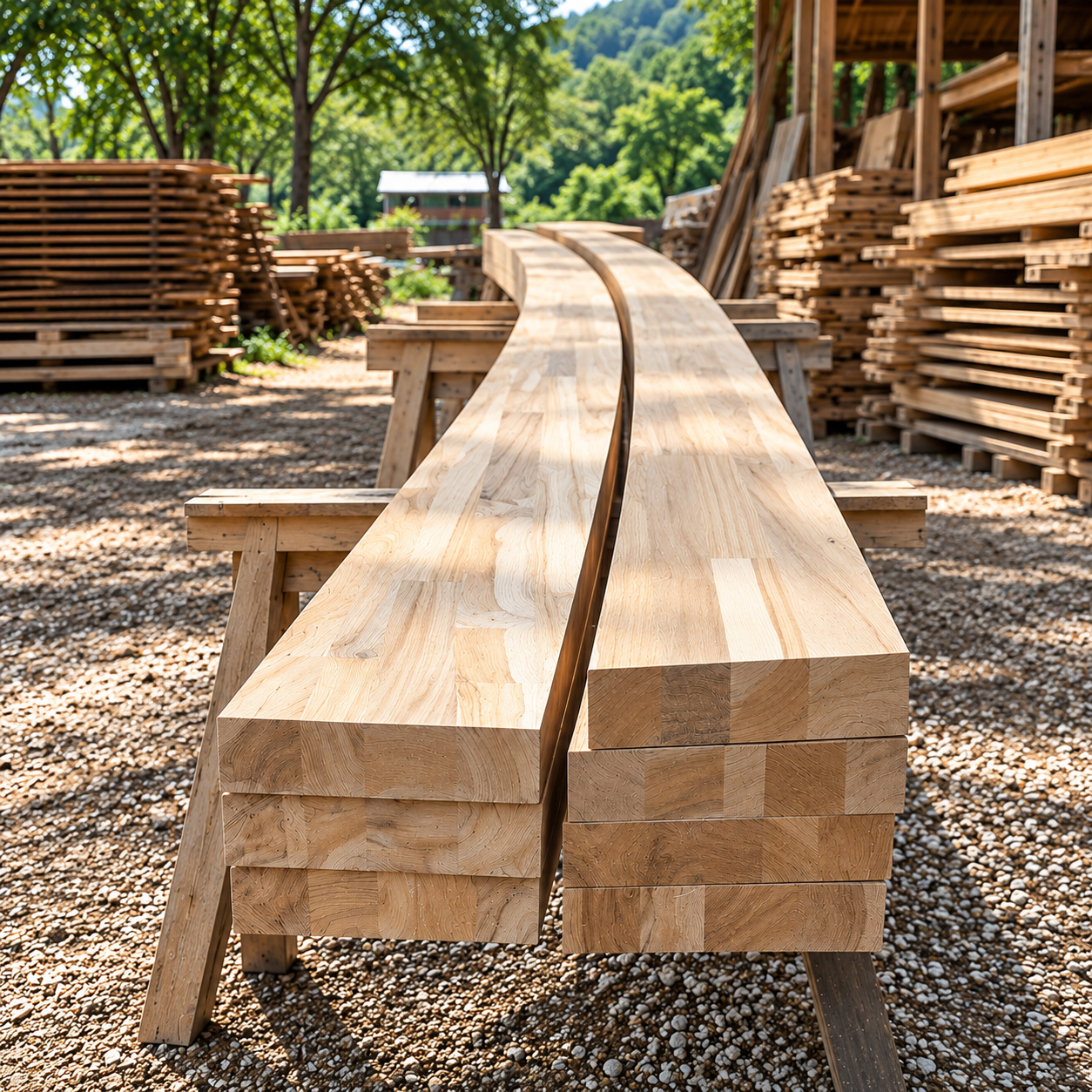 Vigas curvas de madera sobre soportes en un taller de carpintería rodeado de madera natural.