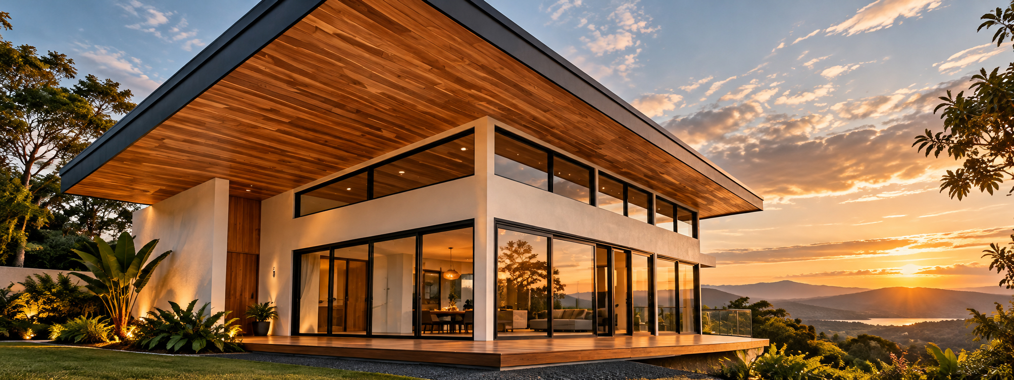 Casa moderna con cielo raso de madera natural, amplios ventanales y terraza exterior al atardecer.
