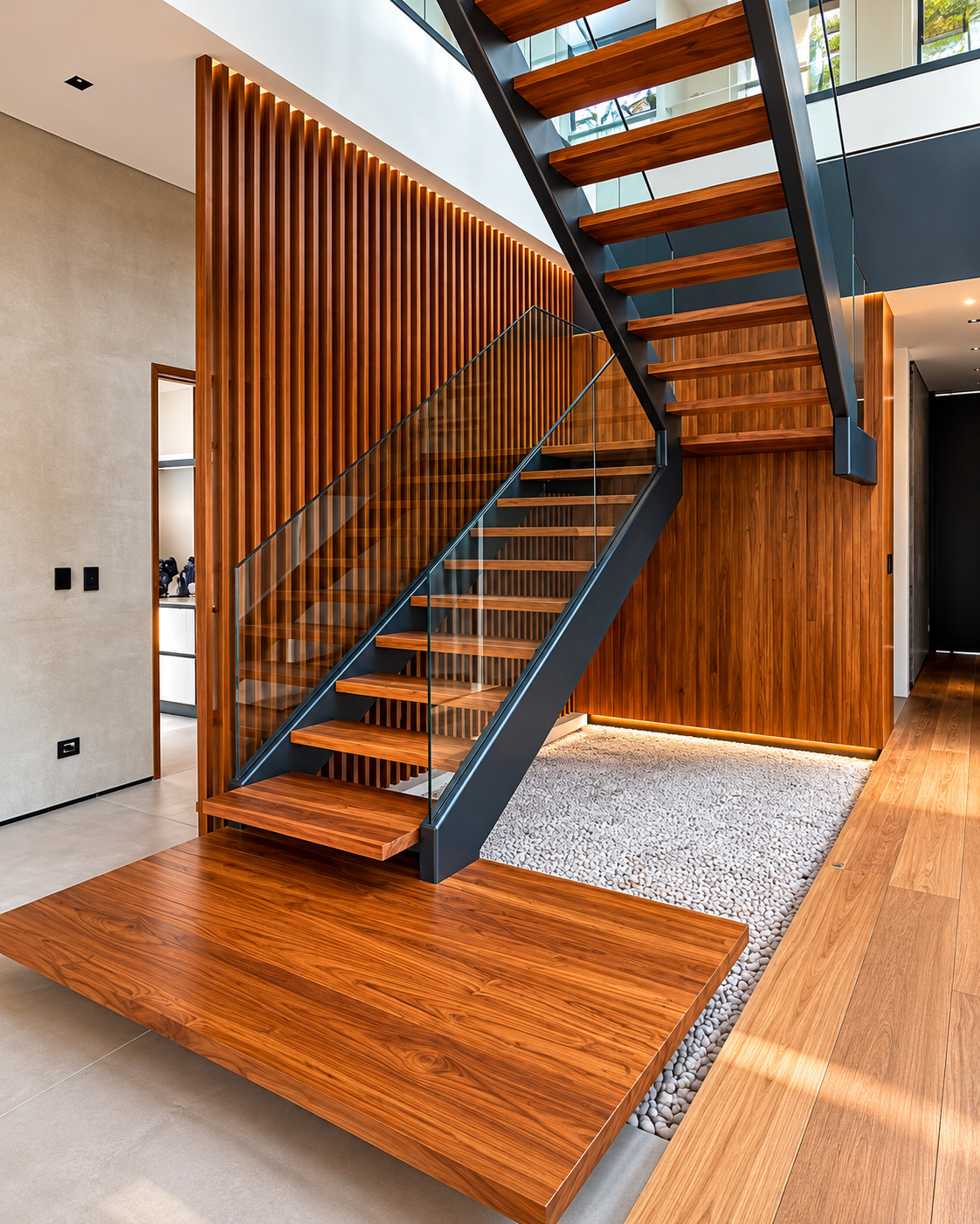 Escalera moderna con peldaños de madera, estructura metálica, barandas de vidrio y revestimiento de listones de madera.