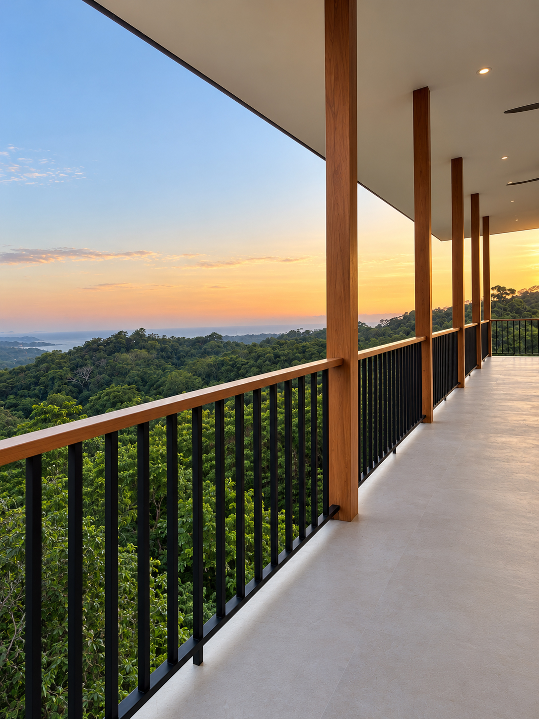 Terraza con columnas y barandas de madera de JLK Wood