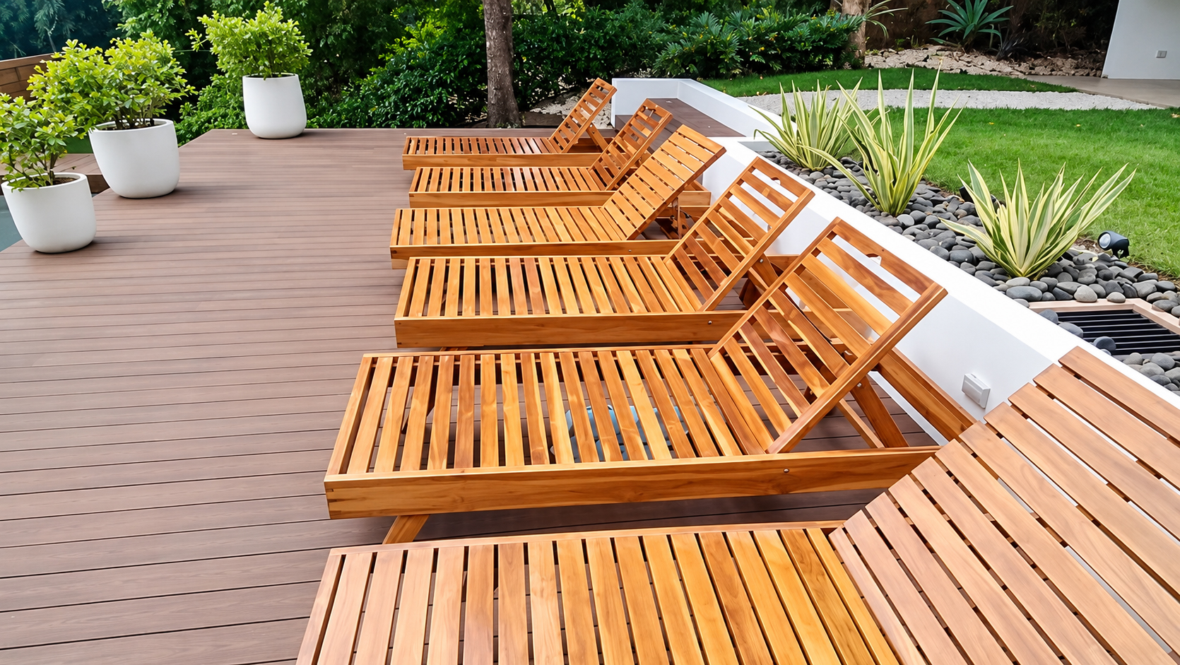 Tumbonas de madera sobre deck exterior de JLK Wood