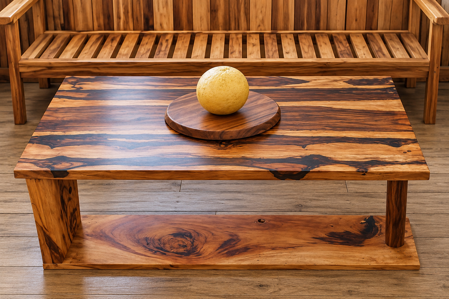Mesa de centro artesanal de madera natural con vetas pronunciadas, superficie pulida y acabado brillante de alta calidad.