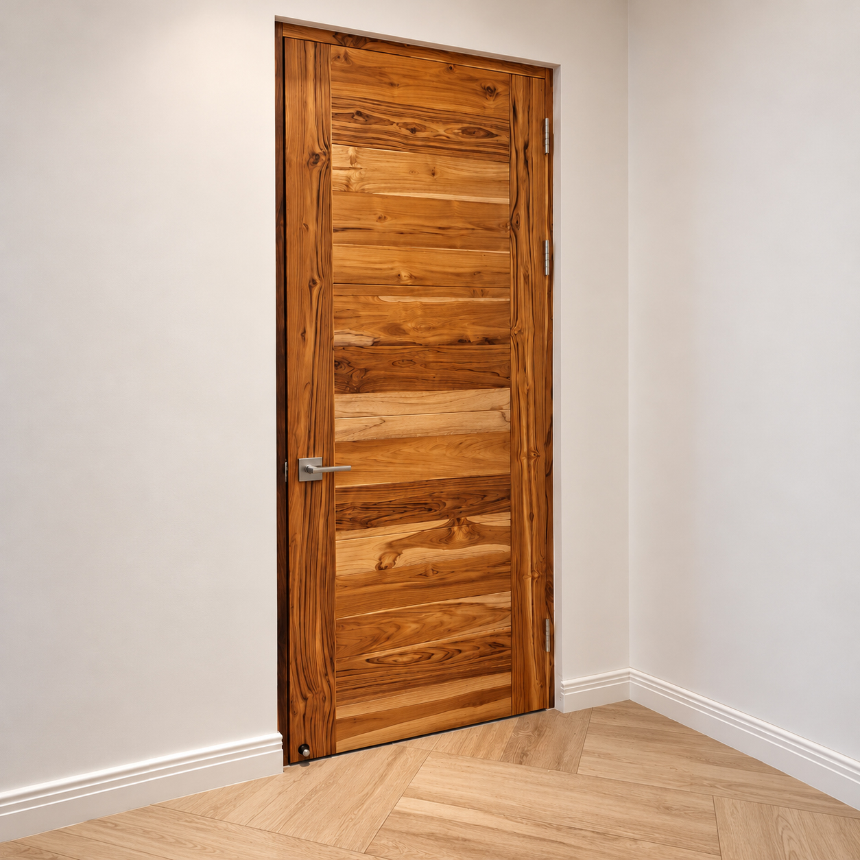 Puerta de madera natural con vetas pronunciadas, diseño de tablillas horizontales y acabados de alta calidad.